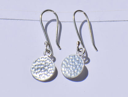Silver Dangled Earrings, Hammered Circle Earrings, Ear Wire Closure Earrings, Handcrafted Earrings, Women Accessories, Fancy Hanging Jewelry