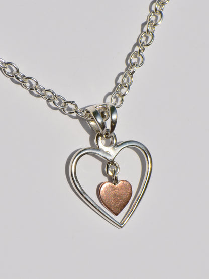 Hollow Silver Heart Necklace, Copper Heart In Silver Heart Necklace, Sterling Silver Necklace, Handmade Pendant, Pendant With Silver ChainC