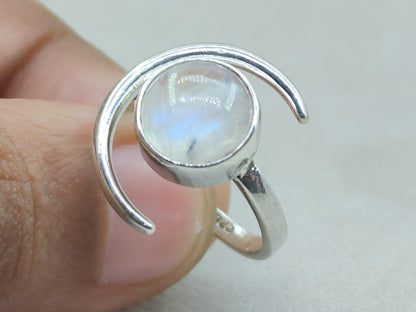Natural Moonstone Ring, Crescent Moon Ring, Sterling Silver Ring, Handmade Ring, June Birthstone, Round Moonstone, Rainbow Moonstone Jewelry